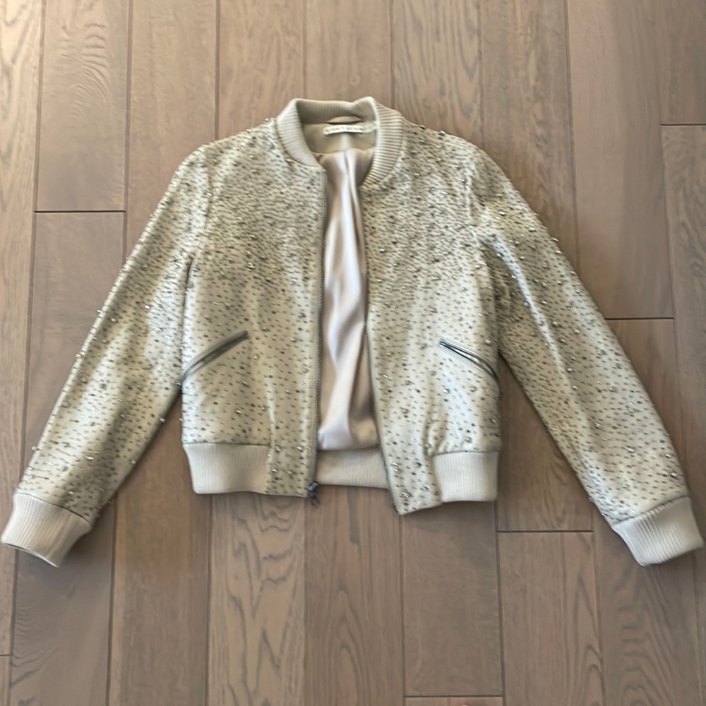 Alice + Olivia Leather Jacket - Beige bomber with crystals + beads